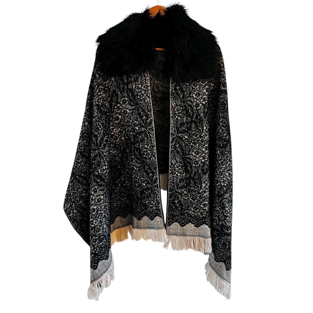 Madison 88 Anthropologie Floral Paisley Faux Fur Shawl Wrap Fringe One Size‎